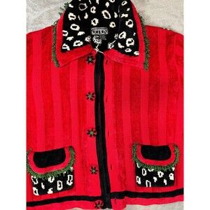 Vintage BEAR² Novelty Knit Jacket | Women’s M | Red Leopard 90s Artwear